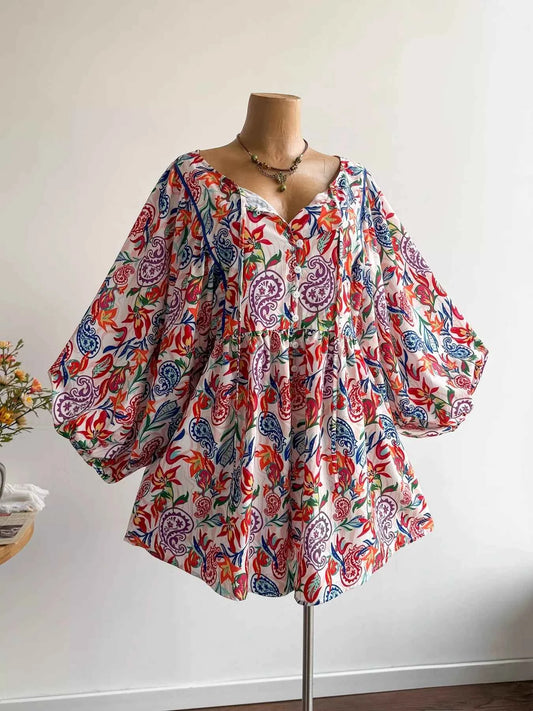 Plus Size Boho Floral Print Button-Down Romper
