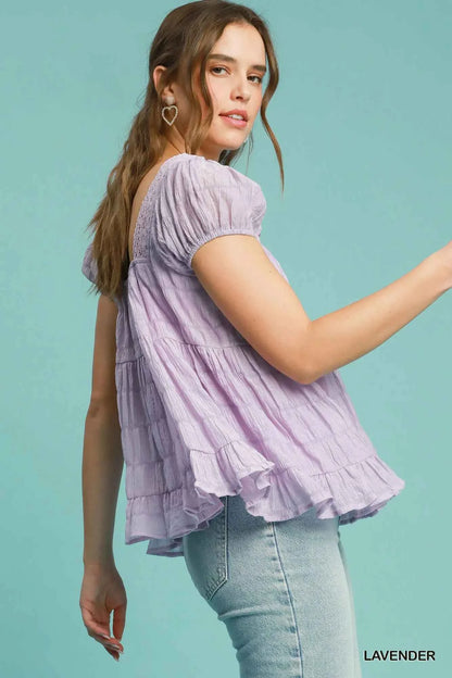 Umgee Textured Square Neck Bow Tie Blouse with Ruffle Hem