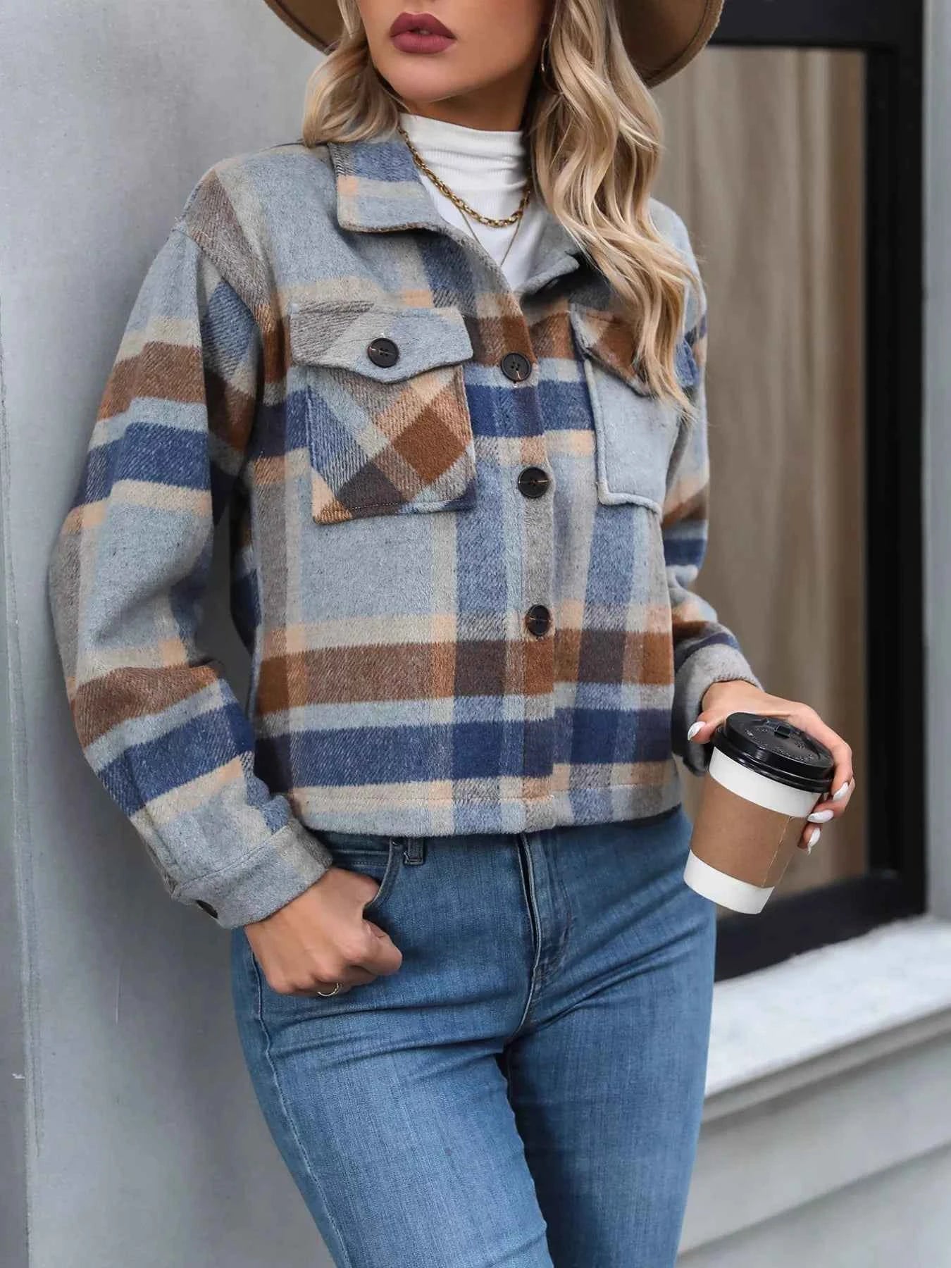 Plaid Oversized Button-Up Cropped Jacket