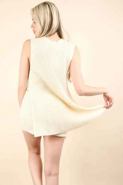VERY J Slit Round Neck Top and Shorts Sweater Set