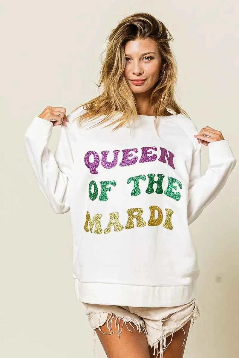 BiBi Queen Of Mardi Glitter Print Mardi Gras Sweatshirt