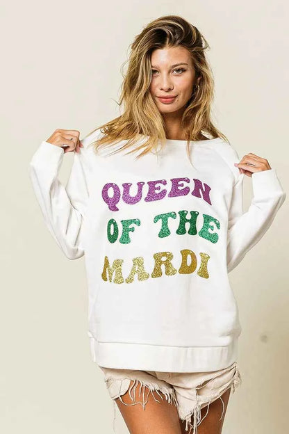 BiBi Queen Of Mardi Glitter Print Mardi Gras Sweatshirt