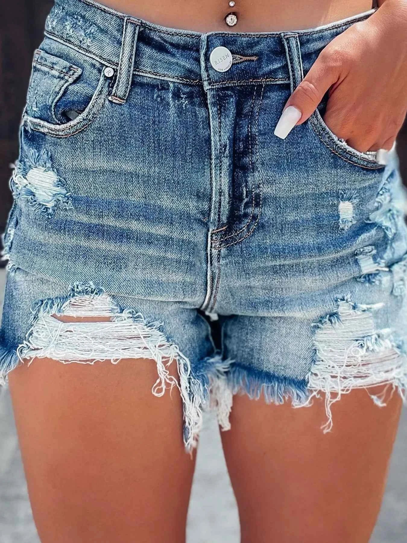 Distressed High Waisted Denim Shorts