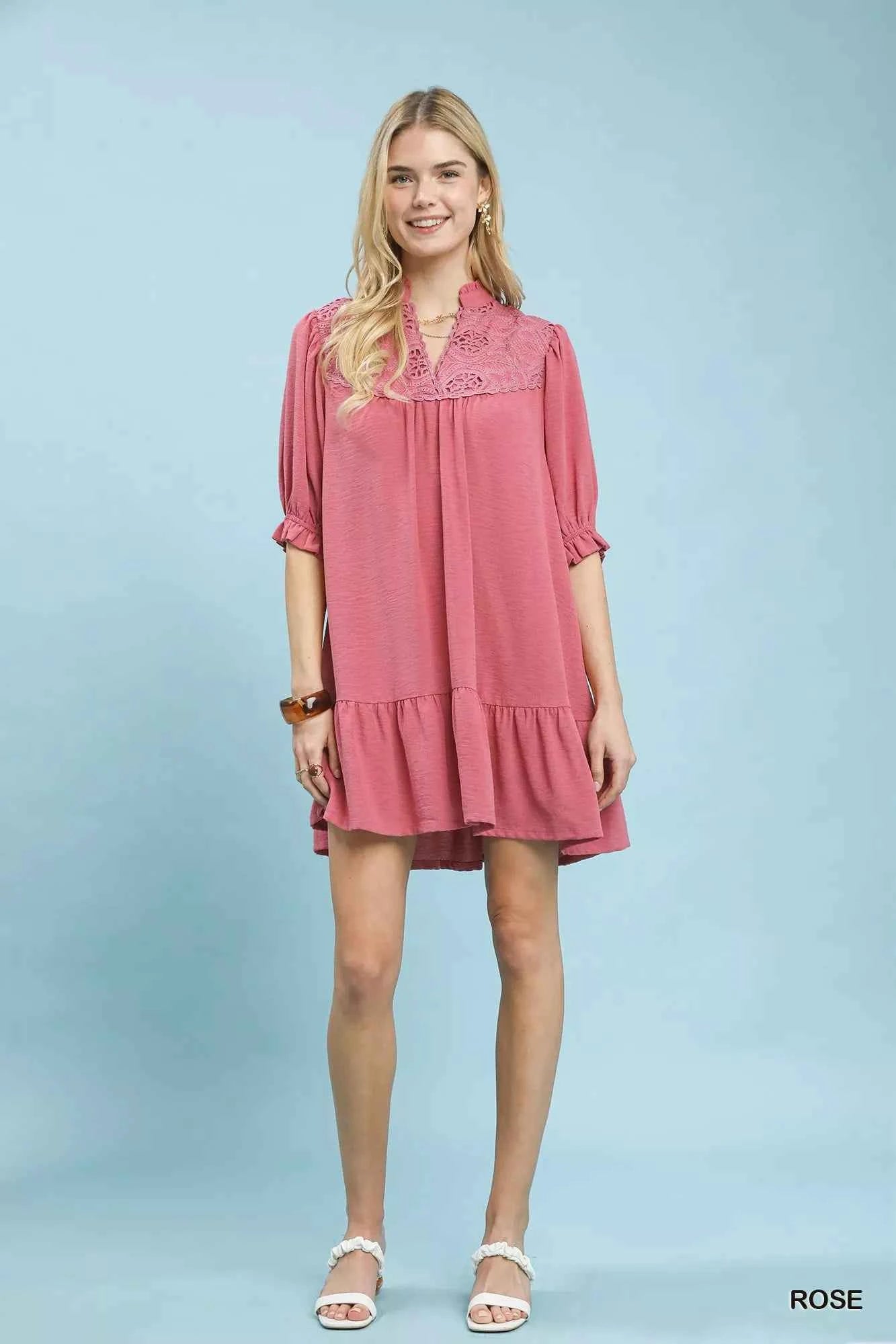 Umgee Lace Yoke Tiered Mini Dress