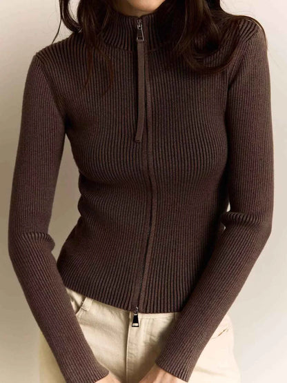 Ribbed Knit Zip-Up Cardigan