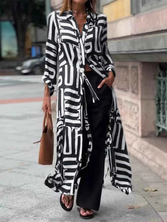 Abstract Geometric Printed Button Front Longline Shirt