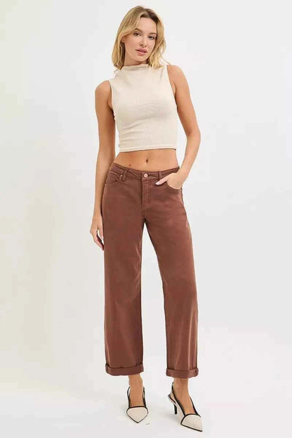 RISEN Full Size Tummy Control Mid Rise Ankle Barrel Baggy Plus Size