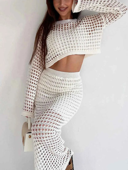 Hollow Out Long Sleeve Top and Skirt Knit Set