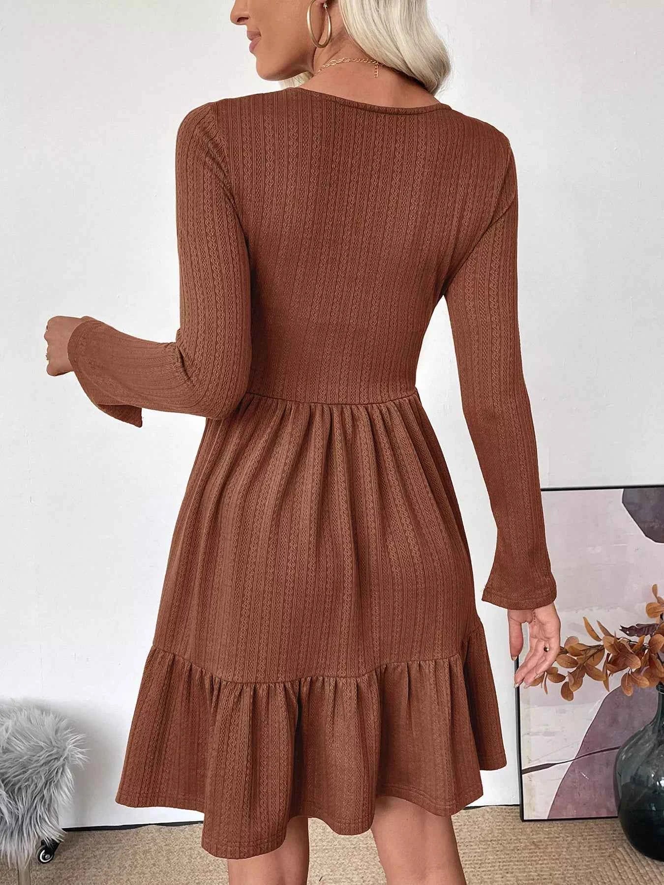 Ruffled Hem Long Sleeve Knit Dress