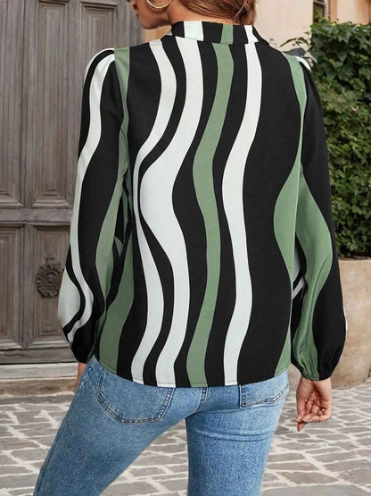Striped Notched Long Sleeve Blouse