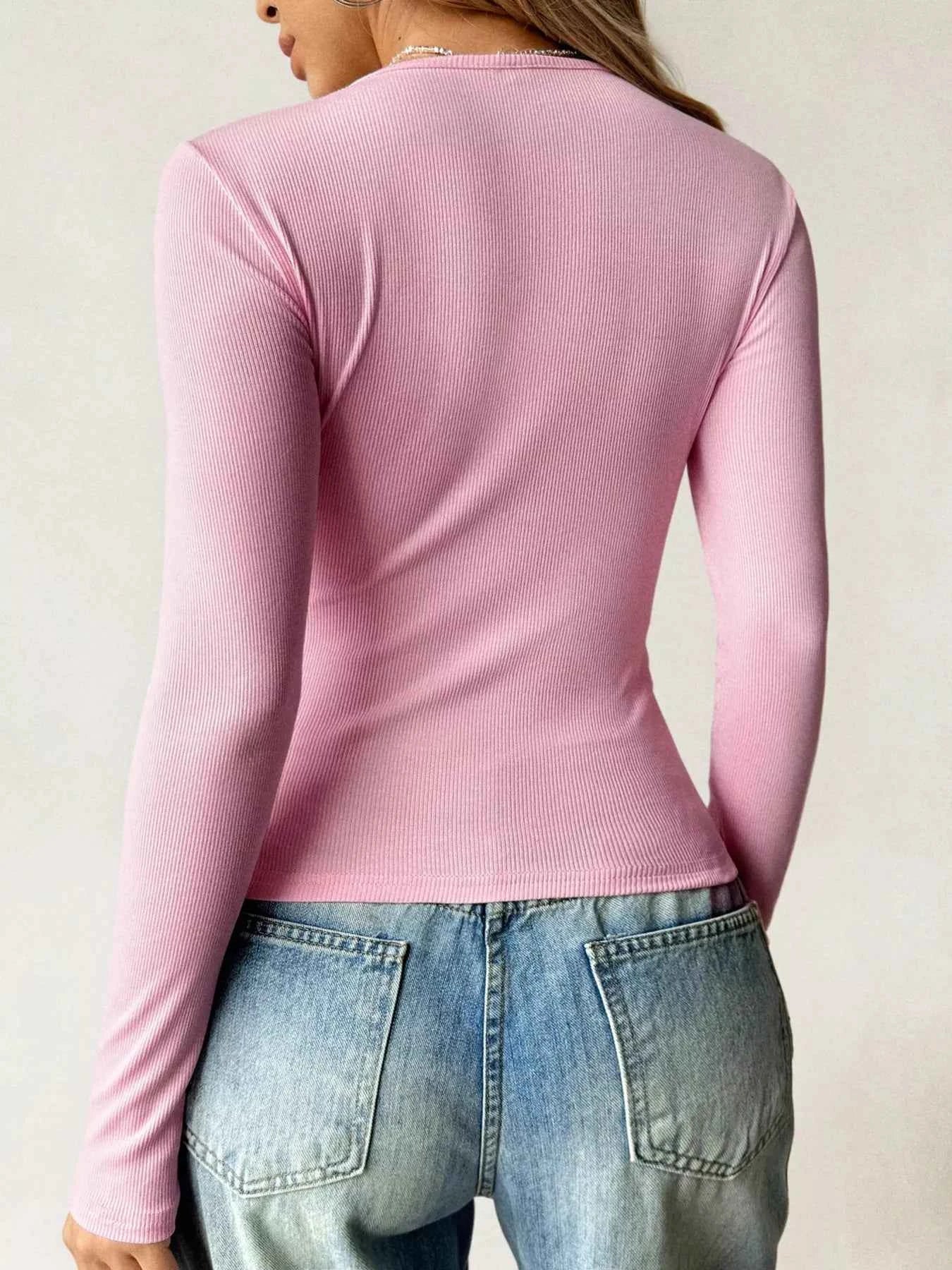Ribbed Knit Long Sleeve Fitted T-Shirt