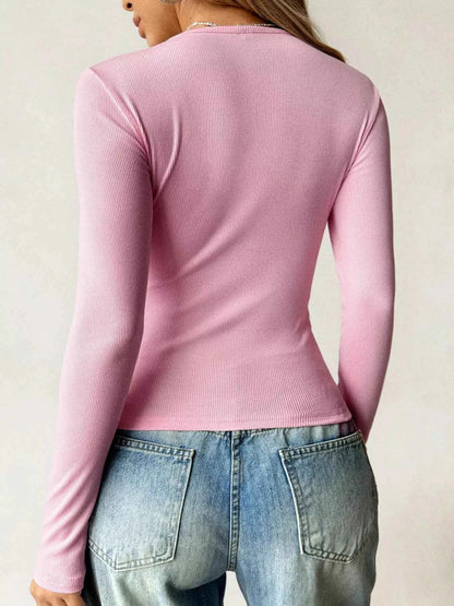 Ribbed Knit Long Sleeve Fitted T-Shirt