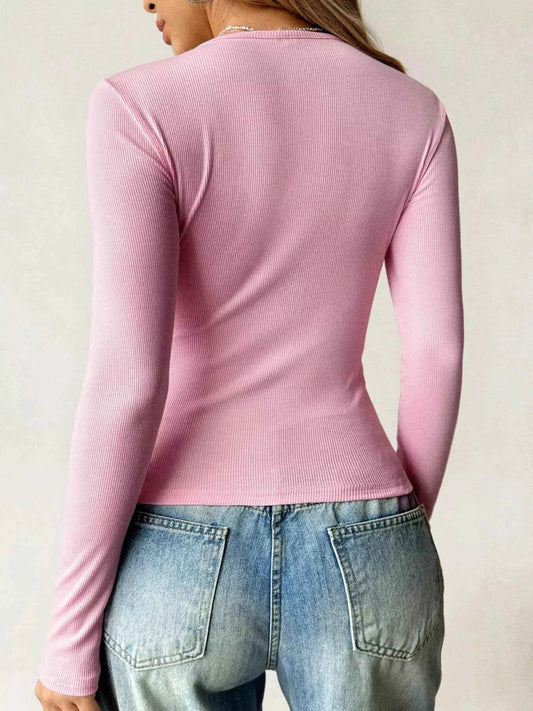 Ribbed Knit Long Sleeve Fitted T-Shirt