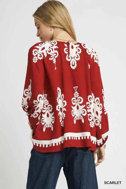 Umgee Two Tone Border Print Top with Balloon Sleeves