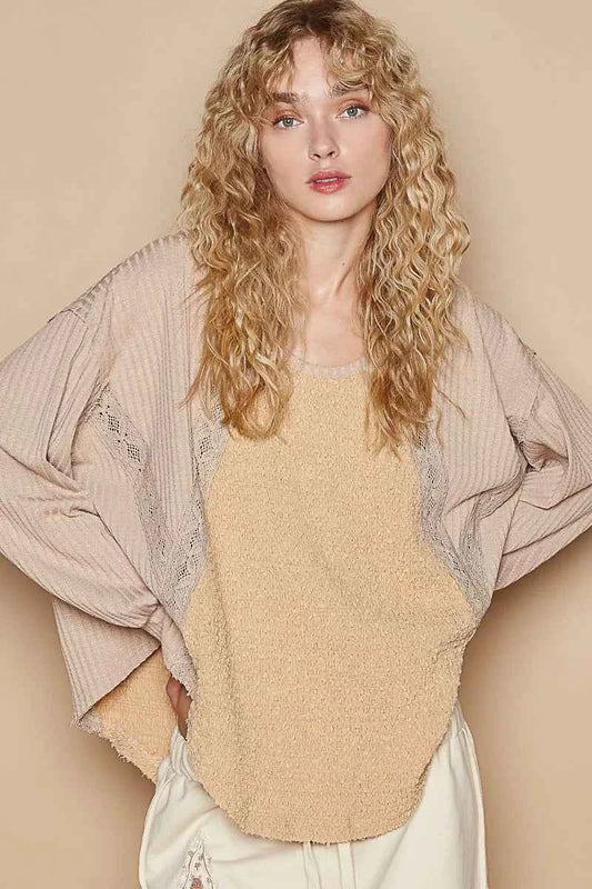 POL Round Neck Lace Detail Oversized Fit Top