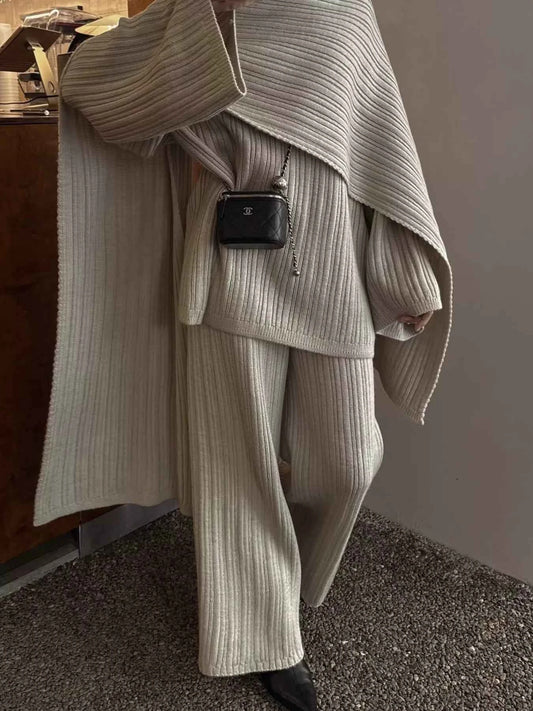 3-Piece Crew Neck Ribbed Sweater and Wide-Leg Pants Set with Scarf