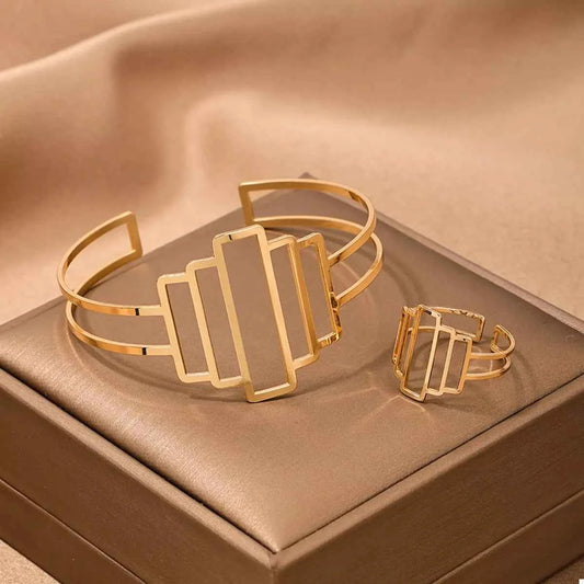 18K Gold-Plated Open Bracelet and Ring Jewelry Set