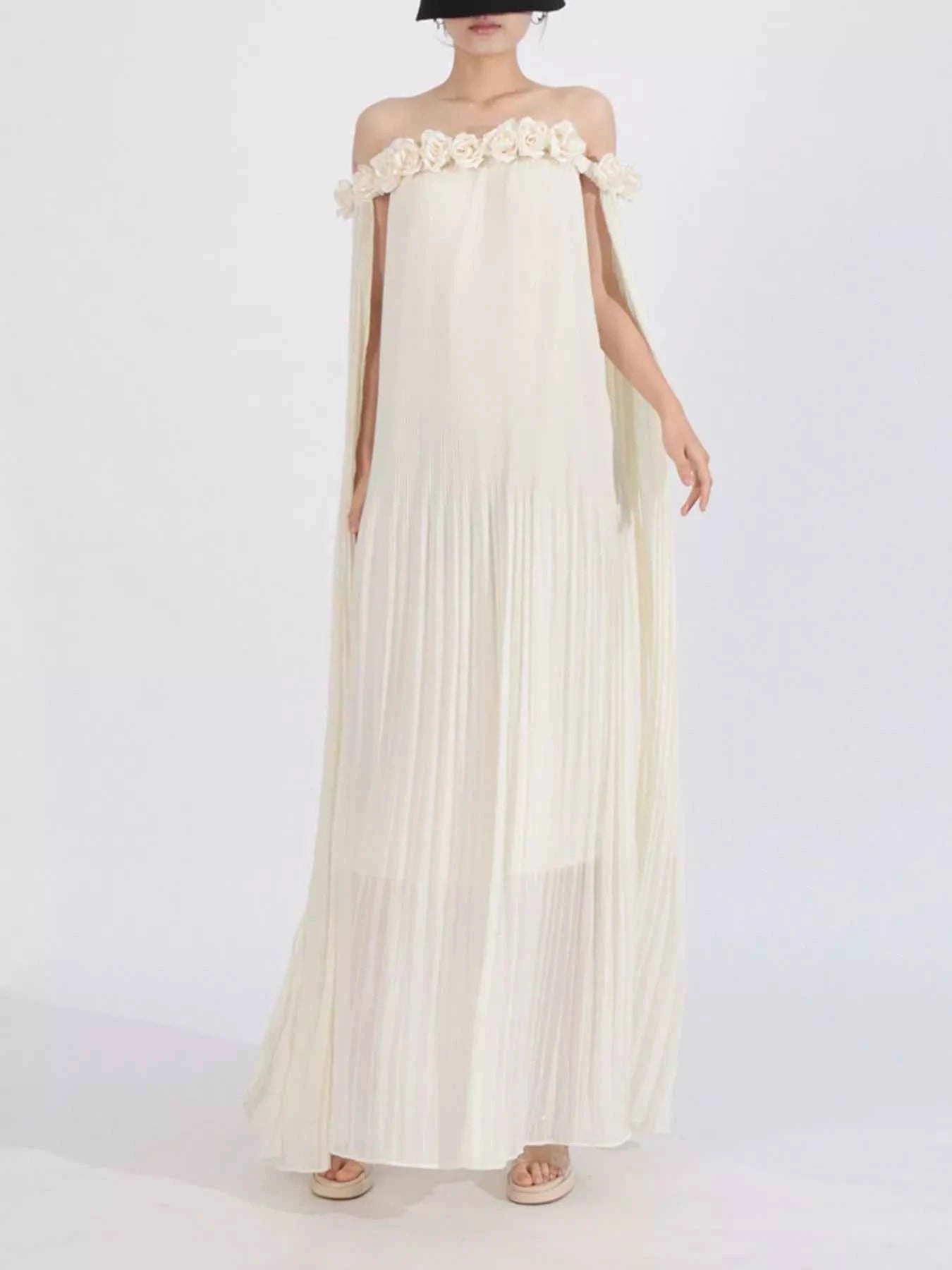 Off-Shoulder Floral Pleated Maxi Dress