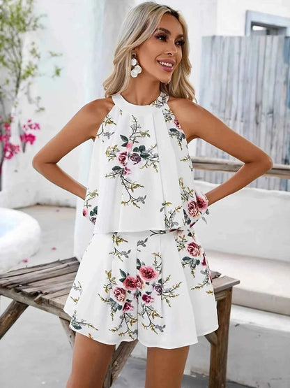Floral Print Halter Neck Top and Shorts Two-Piece Summer Set