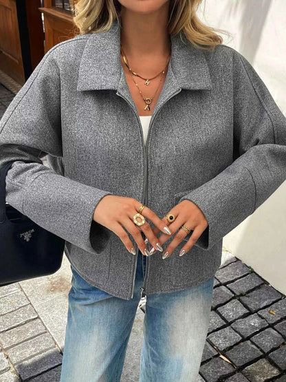 Oversized Collared Neck Zip-Up Jacket
