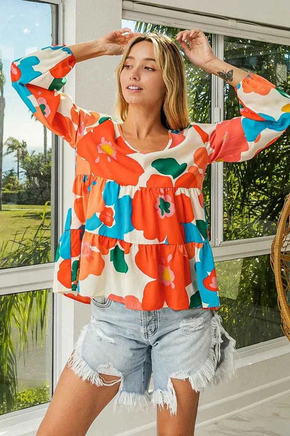 BiBi Floral Woven Tiered V Neck Top