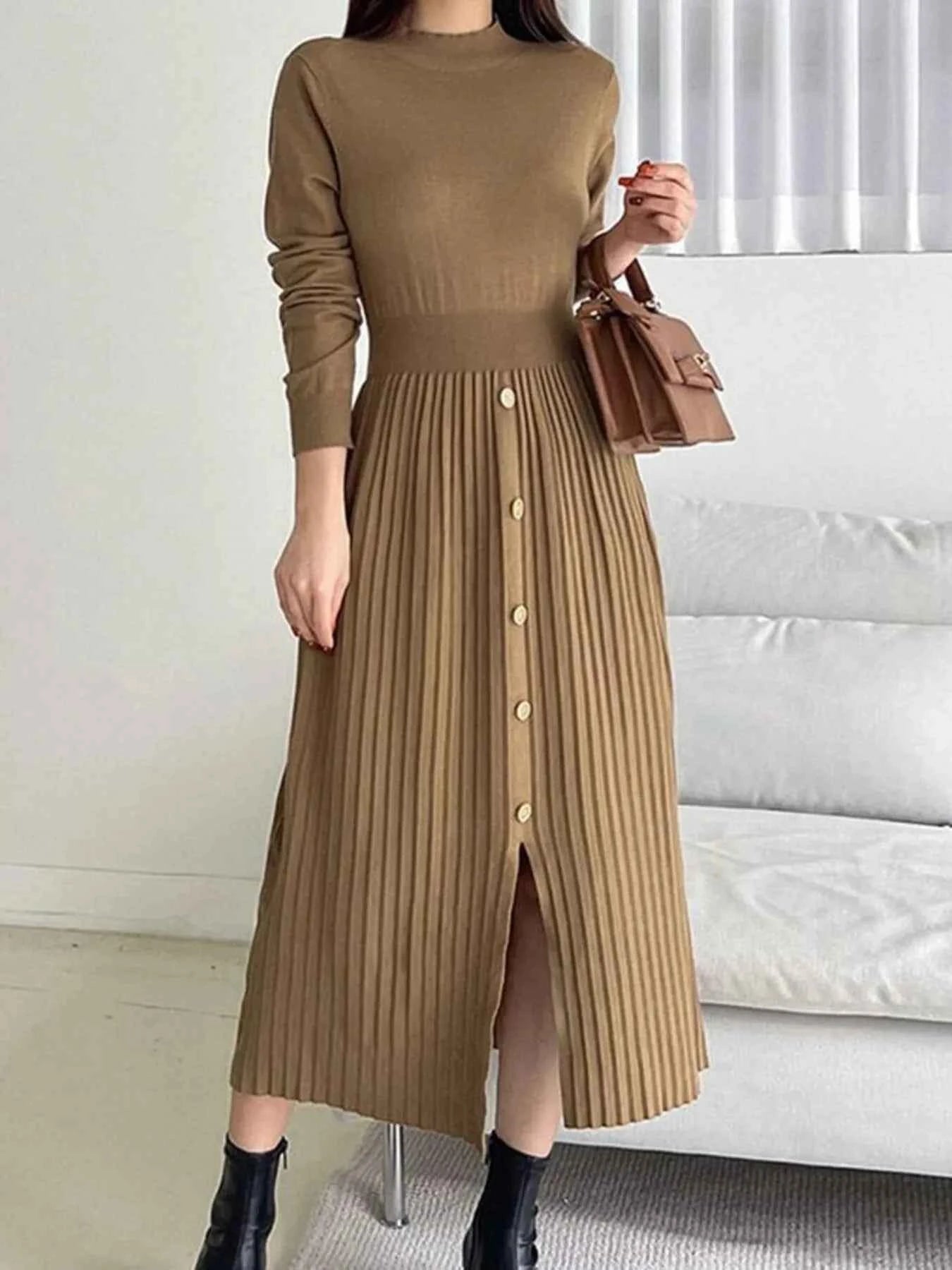 Slit Front Mock Neck Long Sleeve Knit Dress