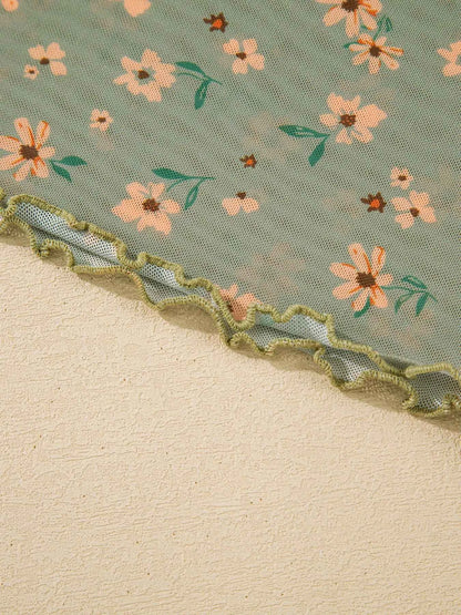 Floral Print Mesh Long Sleeve Top