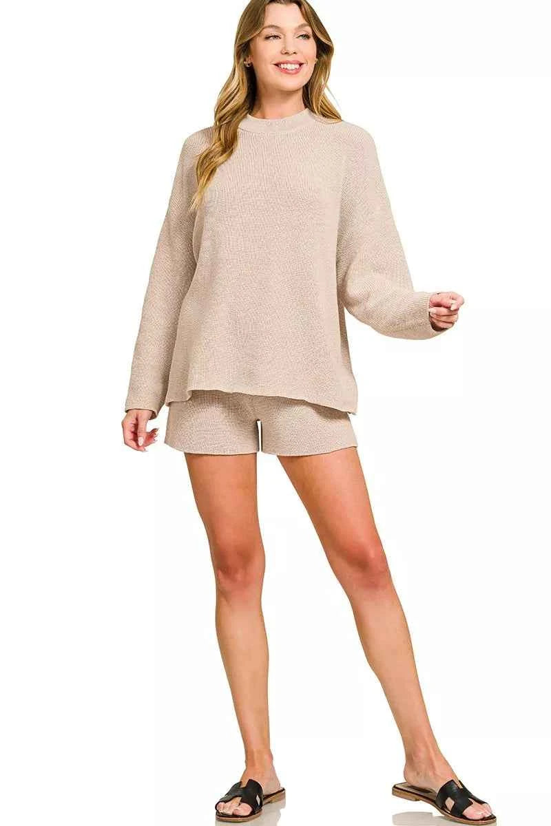 Zenana Round Neck Knit Top and Shorts Sweater Set