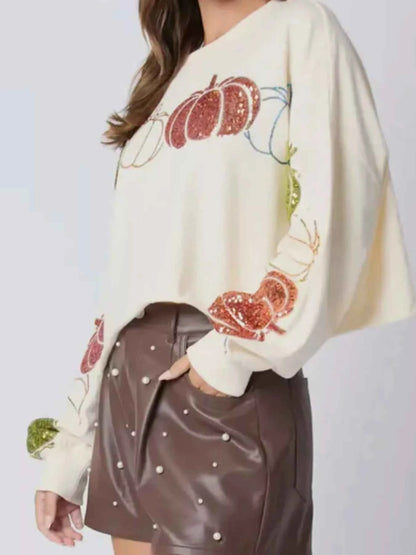 Sequined Pumpkin Halloween Crop Sweatshirt