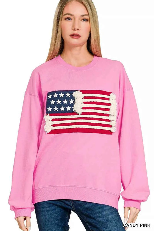 Zenana French Terry American Flag Pullover