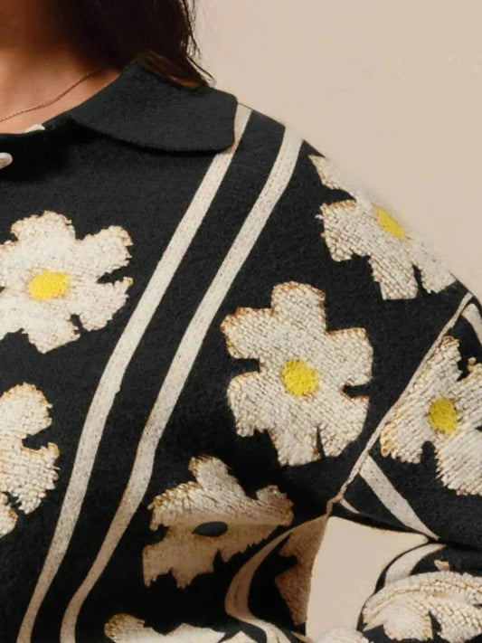 SO ME Floral Stripe Polo Collar Sweater