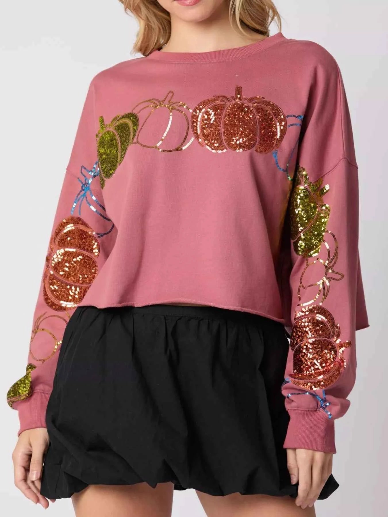 Sequined Pumpkin Halloween Crop Sweatshirt