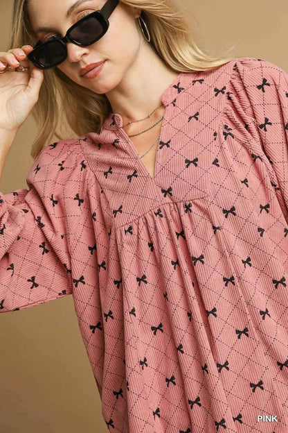 Umgee Corduroy Bow Print Balloon Sleeve Blouse