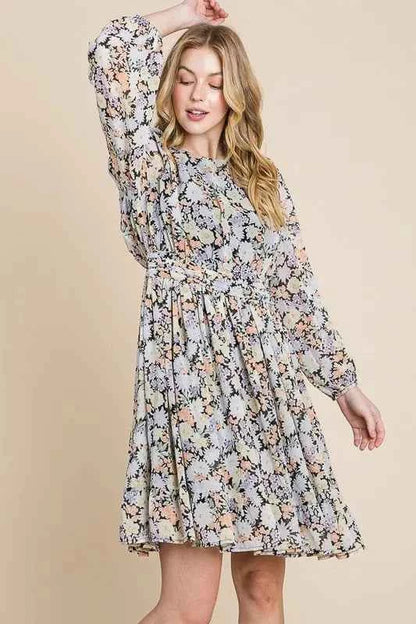 Lime 'N' Chili Chiffon Floral Print Belted Dress with Back Zipper