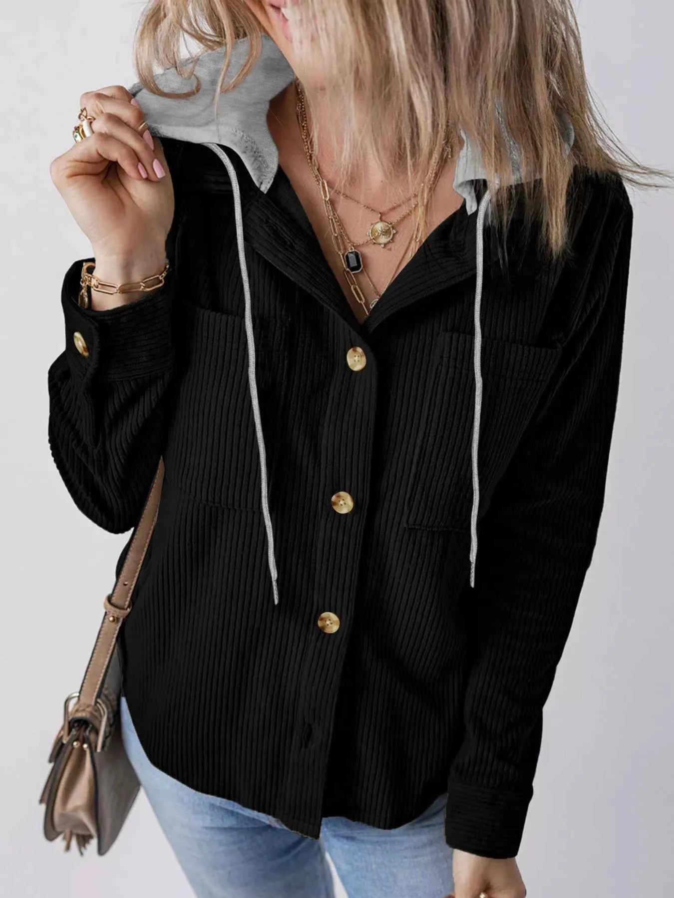 Plus Size Casual Corduroy Button-Down Hooded Jacket