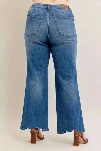 Judy Blue Full Size High Waist Tummy Control Chew Hem Destroy Wide Jeans Plus Size