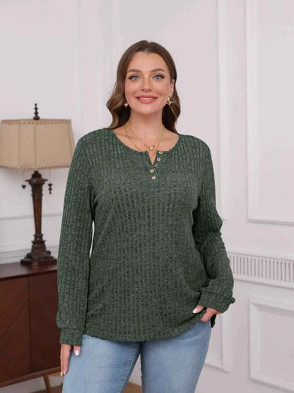 Ribbed Knit Button-Front Long Sleeve T-Shirt