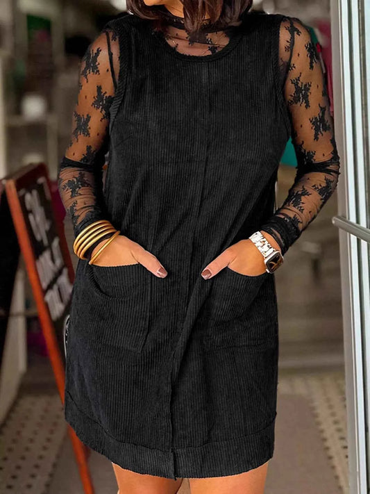 Corduroy Sleeveless Mini Dress with Patched Pockets