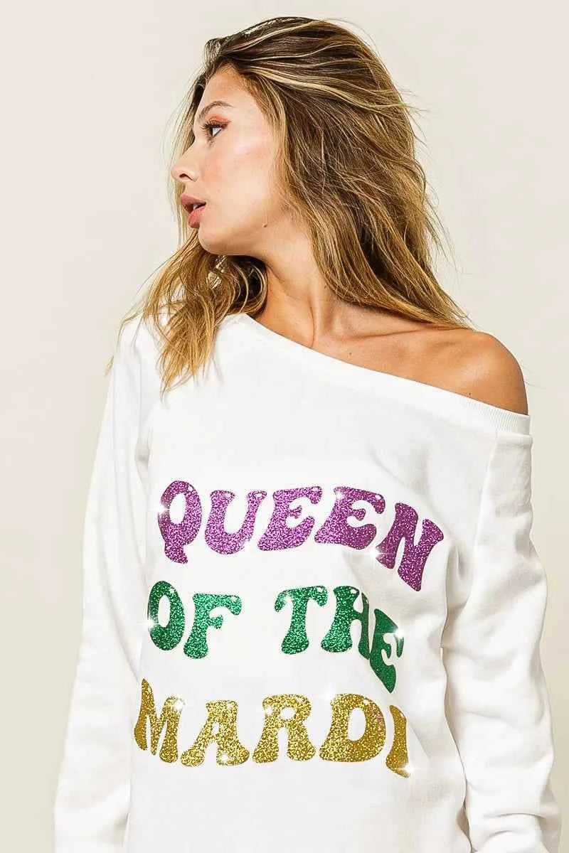 BiBi Queen Of Mardi Glitter Print Mardi Gras Sweatshirt