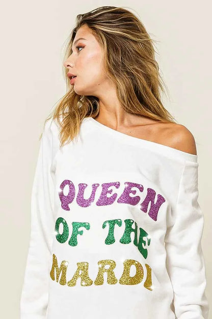 BiBi Queen Of Mardi Glitter Print Mardi Gras Sweatshirt