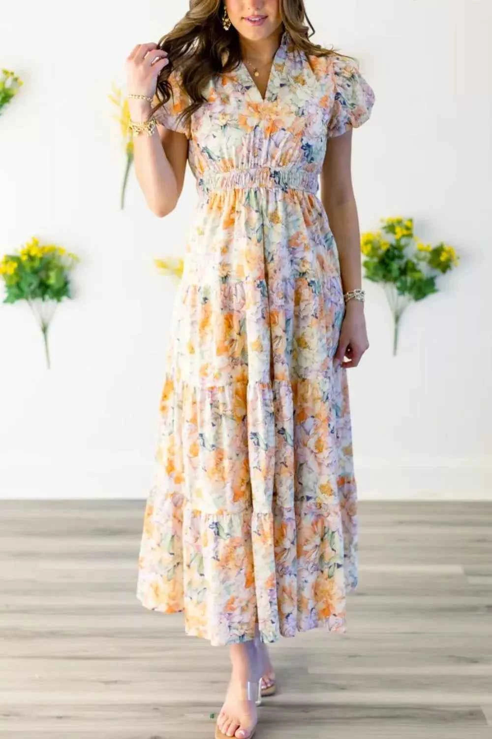 Floral Print Smocked Tiered Maxi Dress