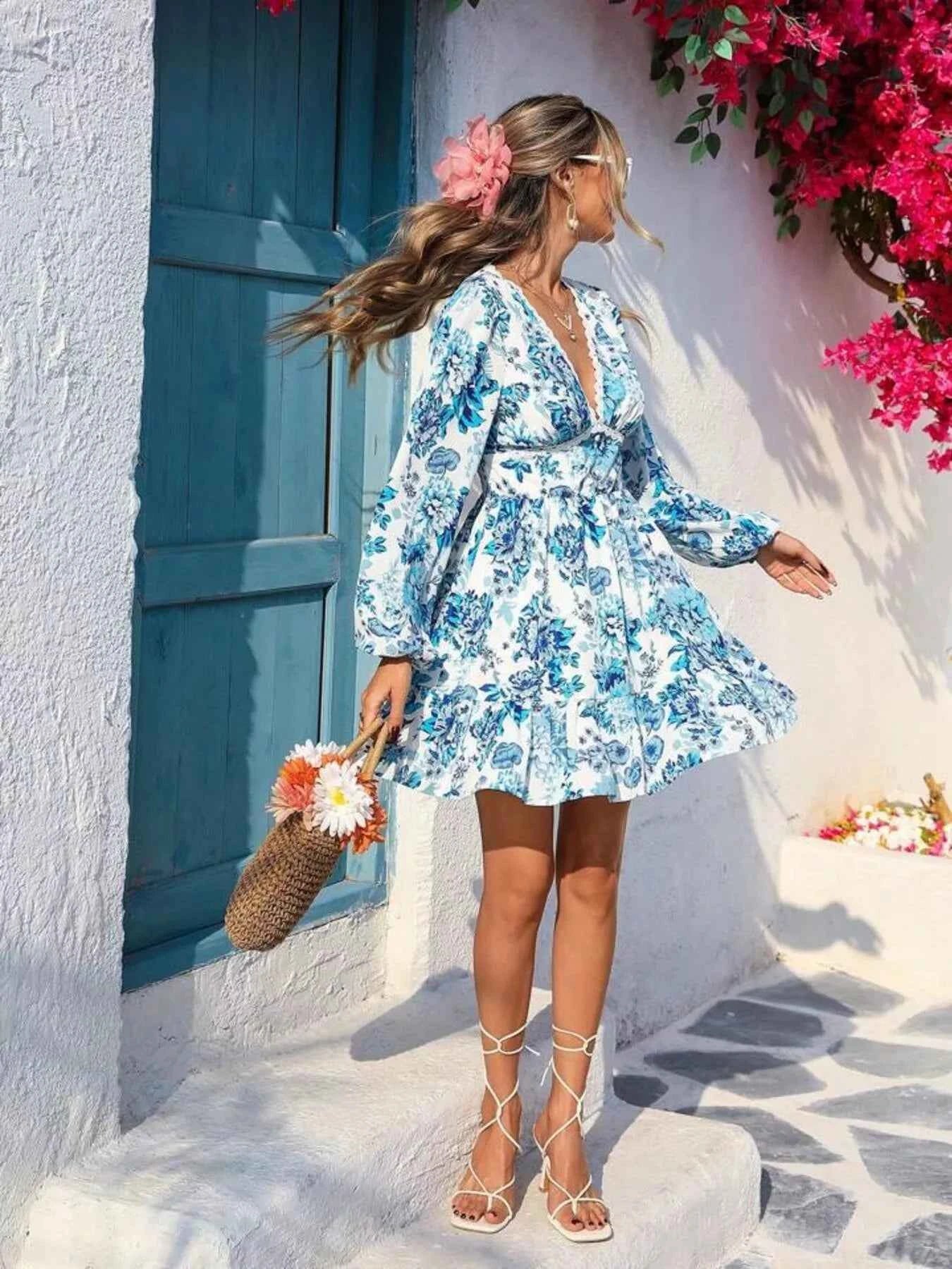 Full Size Floral Print V-Neck Long Sleeve Ruffle Hem Mini Dress Plus Size