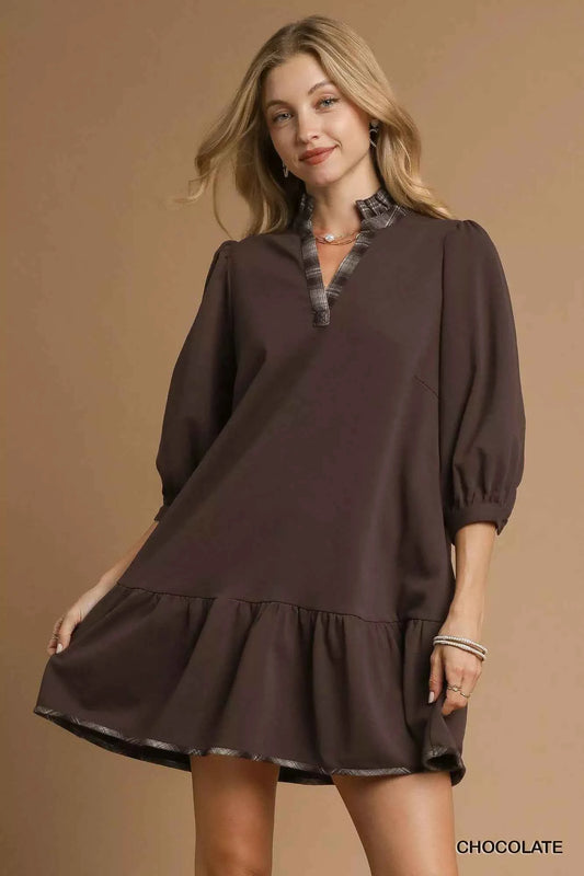 Umgee French Terry Ruffle Hem Dress with Plaid Trim