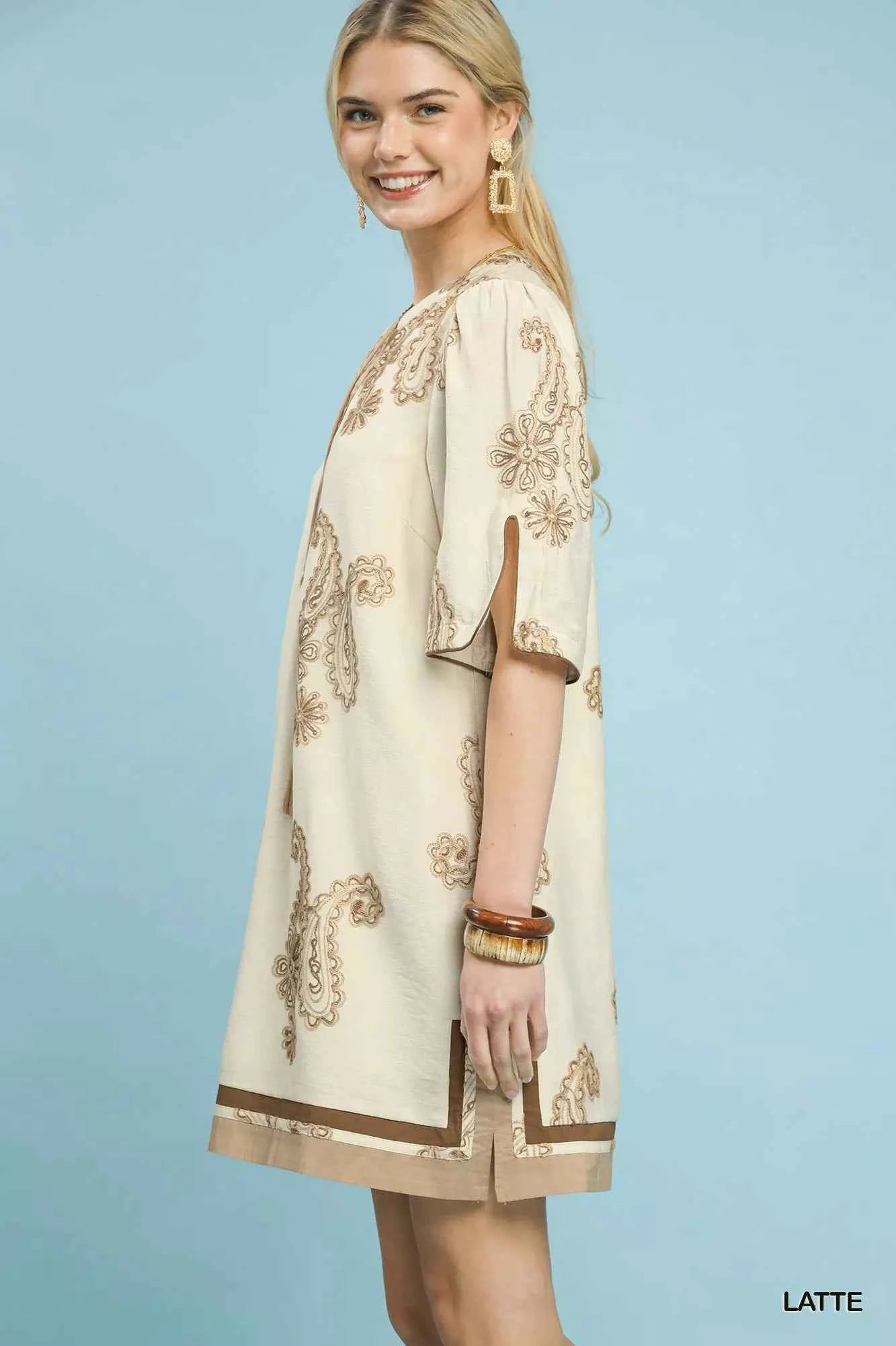 Umgee Embroidered Split Neck Shift Dress