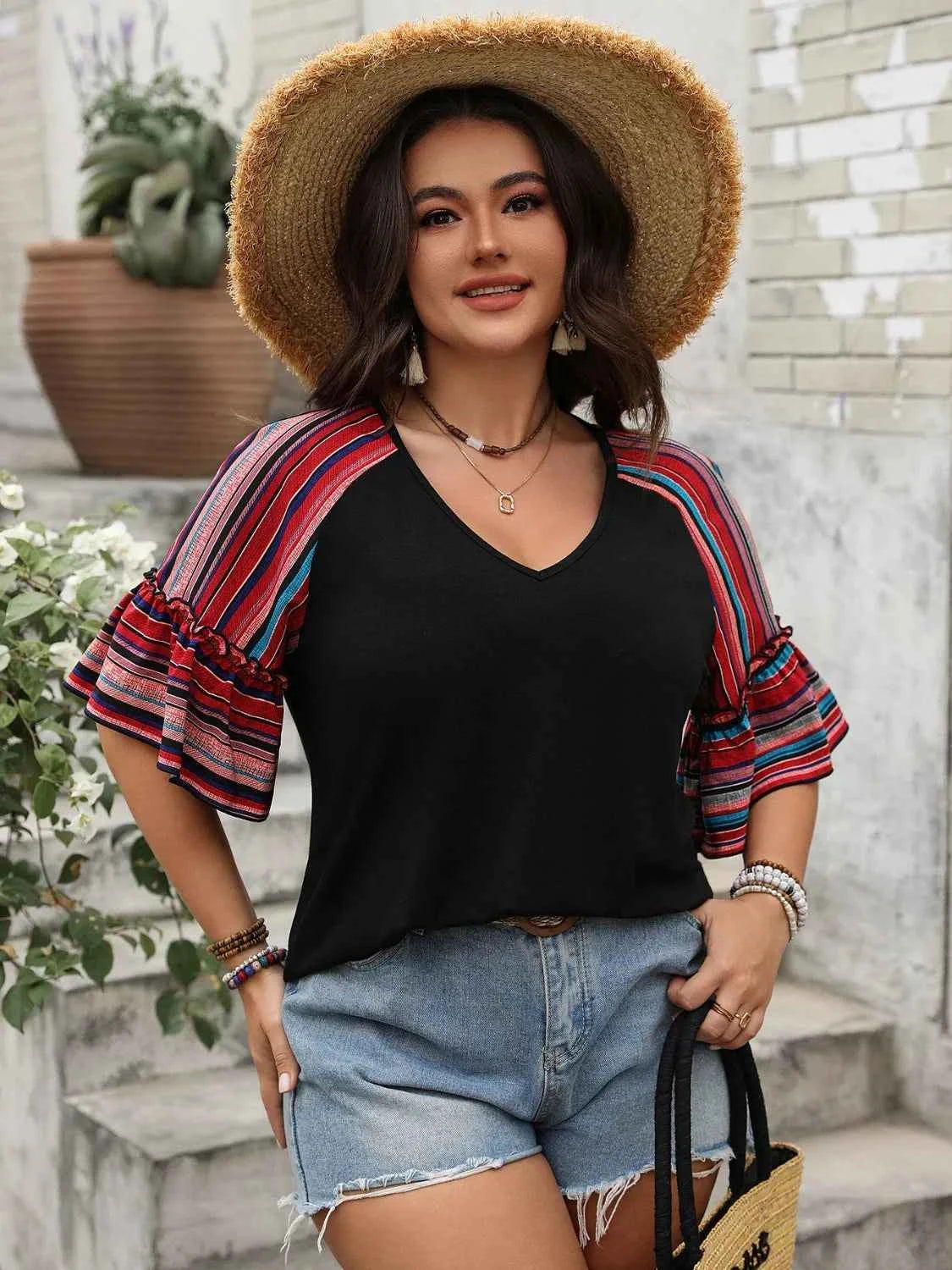 Plus Size V-Neck Flounce Sleeve Top