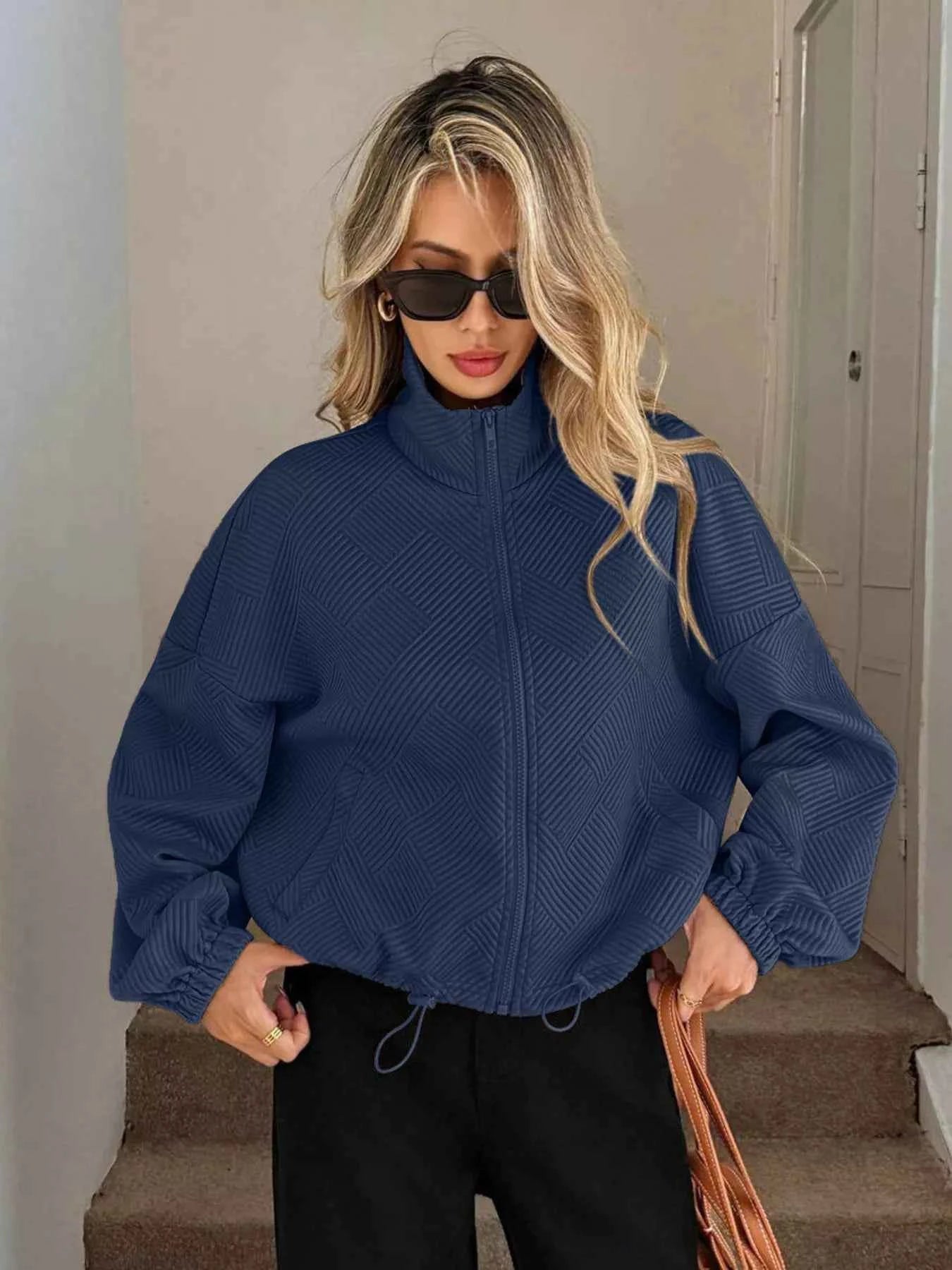 Drawstring Hem Textured Long Sleeve Jacket