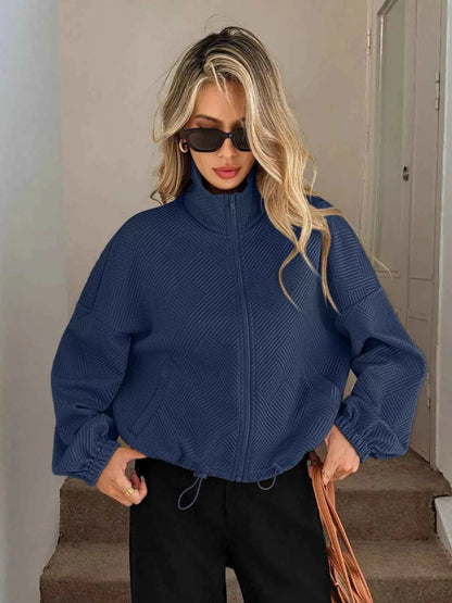 Drawstring Hem Textured Long Sleeve Jacket
