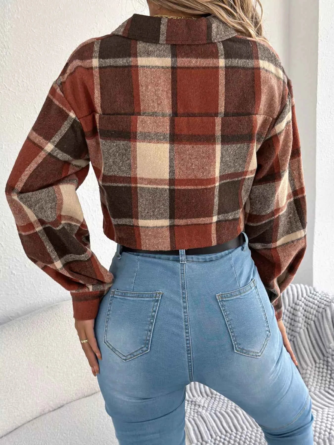 Plaid Button Up Cropped Jacket