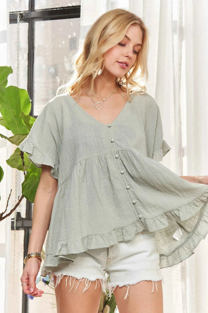 ADORA Button Down Ruffled Babydoll Blouse