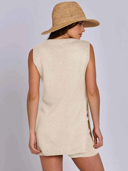 Side Slit Round Neck Tank and Ribbed Shorts Sweater Set